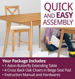 Hallowood Furniture Aston Butterfly Extending Table With 4 Cross Back Oak Chairs In Beige Seat Pad - thumbnail 7
