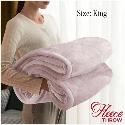Ameha Fleece Plain Blanket, Lightweight & Reversible Throw For Travel, Bed & Sofa Blanket, Pink King 200X240Cm - image 1
