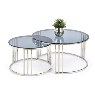 Q&p Furniture Luna Modern Nesting Coffee Table  2 Piece Set With Silver Chrome Legs & Tempered Glass Top - image 1