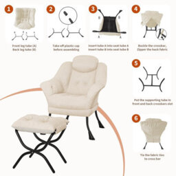 Upholstered Lazy Accent Chair With Collapsible Ottoman, Lounge Armchair With Side Pocket, White - thumbnail 2
