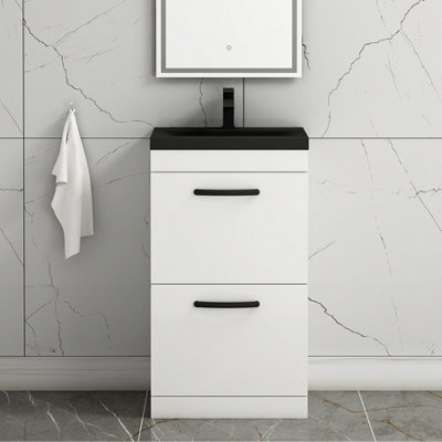Royal Bathrooms Turin 500mm Floor Standing Vanity Unit 2 Drawer Gloss White With Black Basin & Handles - image 1