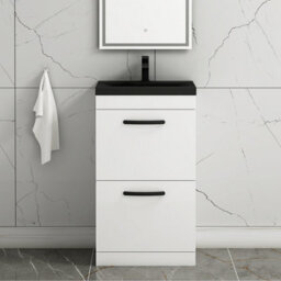 Royal Bathrooms Turin 500mm Floor Standing Vanity Unit 2 Drawer Gloss White With Black Basin & Handles - thumbnail 1