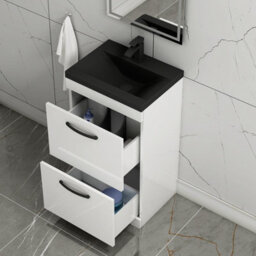 Royal Bathrooms Turin 500mm Floor Standing Vanity Unit 2 Drawer Gloss White With Black Basin & Handles - thumbnail 6