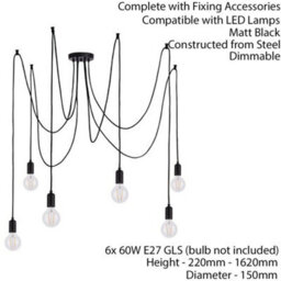 Multi Light Ceiling Pendant 6 Bulb Matt Black Industrial Adjustable Hang Hook - thumbnail 2