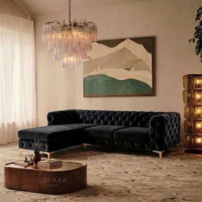 Monaco Chesterfield 3 Seater Chaise Sofa Black Velvet L Shaped Corner Chaise- Left Hand Deep Buttoned Upholstery Couch Lounge - image 1