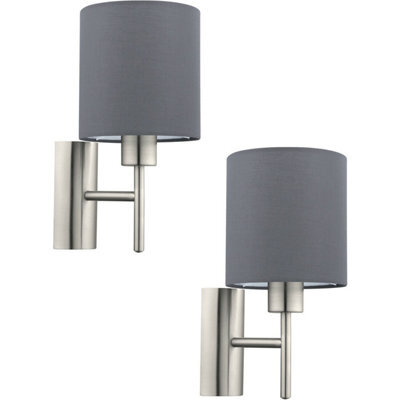 Stylish 2 Pack Satin Nickel Wall Lights With Grey Fabric Shade And Rocker Switch - image 1