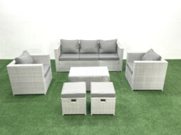 Fimous Rattan Garden Furniture Set 3 Seater Sofa 2 Chair Rectangular Coffee Table 2 Small Stools Light Grey 7 Seater - thumbnail 2