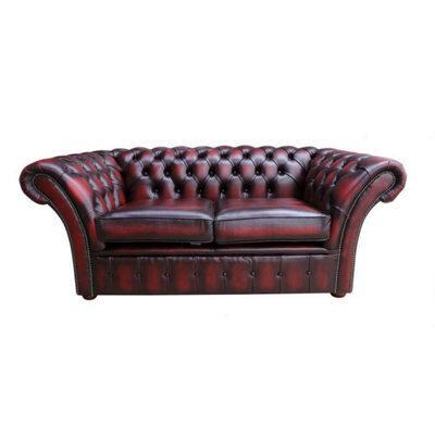 Chesterfield 2 Seater Sofa Settee Antique Oxblood Red Real Leather In Balmoral Style - image 1