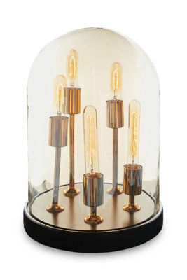 Orsina Amber Glass Dome Table Lamp, Antique Wood Base With Brass Holders, Elegant Cylindrical Bulb Design - image 1