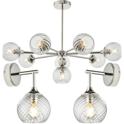 Loops 8 Light Pendant Lamp & 2X Matching Wall Lights - Bright Nickel Clear Spiral Patterned Shade - image 1