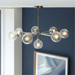 Loops 8 Light Pendant Lamp & 2X Matching Wall Lights - Bright Nickel Clear Spiral Patterned Shade - thumbnail 5