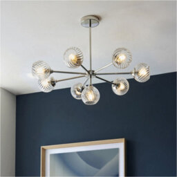 Loops 8 Light Pendant Lamp & 2X Matching Wall Lights - Bright Nickel Clear Spiral Patterned Shade - thumbnail 4