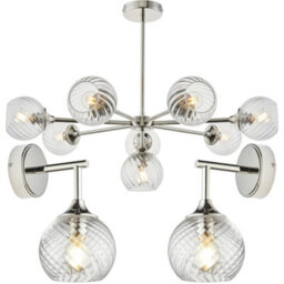 Loops 8 Light Pendant Lamp & 2X Matching Wall Lights - Bright Nickel Clear Spiral Patterned Shade - thumbnail 1