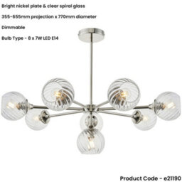 Loops 8 Light Pendant Lamp & 2X Matching Wall Lights - Bright Nickel Clear Spiral Patterned Shade - thumbnail 3