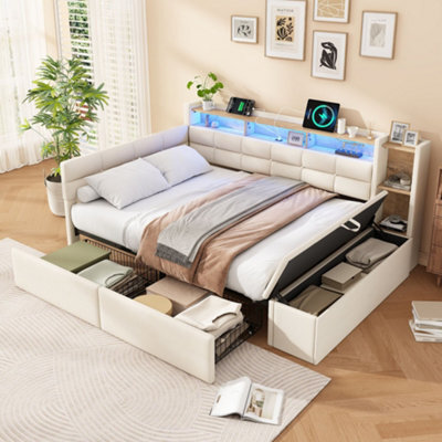 Merax 4Ft6 Double Daybed 135X190 Cm, Linen Upholstered Sofa Bed With Led, Usb, 2 Drawers & Headboards, Storage Bench, Beige - image 1