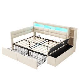 Merax 4Ft6 Double Daybed 135X190 Cm, Linen Upholstered Sofa Bed With Led, Usb, 2 Drawers & Headboards, Storage Bench, Beige - thumbnail 8