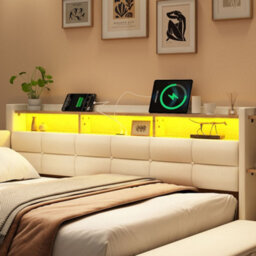 Merax 4Ft6 Double Daybed 135X190 Cm, Linen Upholstered Sofa Bed With Led, Usb, 2 Drawers & Headboards, Storage Bench, Beige - thumbnail 5