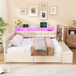 Merax 4Ft6 Double Daybed 135X190 Cm, Linen Upholstered Sofa Bed With Led, Usb, 2 Drawers & Headboards, Storage Bench, Beige - thumbnail 2