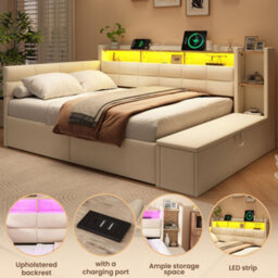 Merax 4Ft6 Double Daybed 135X190 Cm, Linen Upholstered Sofa Bed With Led, Usb, 2 Drawers & Headboards, Storage Bench, Beige - thumbnail 7