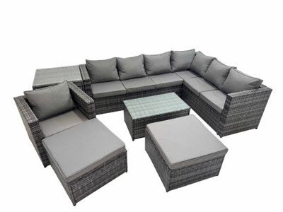 Fimous Patio Sofa Oblong Coffee Table Set Rattan Garden Furniture Set With 2 Big Stools Chair Side Table Dark Grey Mixed - image 1