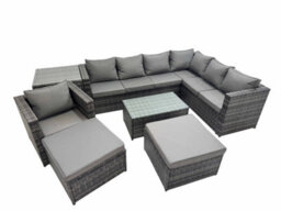 Fimous Patio Sofa Oblong Coffee Table Set Rattan Garden Furniture Set With 2 Big Stools Chair Side Table Dark Grey Mixed - thumbnail 1
