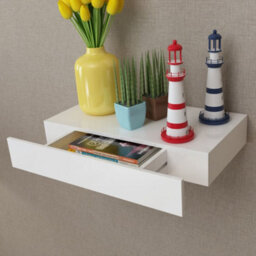 Berkfield White Mdf Floating Wall Display Shelf 1 Drawer Book/dvd Storage - thumbnail 1