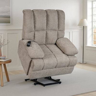 Beige Electric Lift Recliner Chair Chenille Upholstery Handset Control Riser Function - image 1