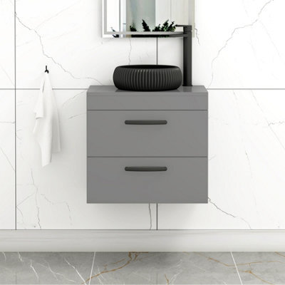 Royal Bathrooms Turin 500mm Wall Mounted Bathroom Vanity Unit With Sink 2 Drawer Indigo Grey Gloss & Milan Black Countertop Basin - image 1