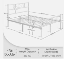 4Ft6 Double Bed Metal Slatted Bed Solid Iron Bed W/ Headboard & Footboard White - thumbnail 3