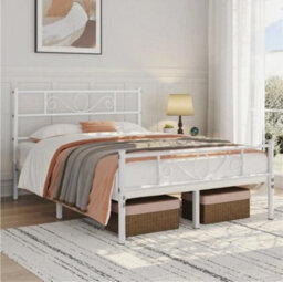 4Ft6 Double Bed Metal Slatted Bed Solid Iron Bed W/ Headboard & Footboard White - thumbnail 2