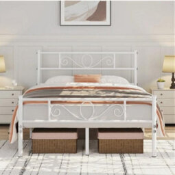 4Ft6 Double Bed Metal Slatted Bed Solid Iron Bed W/ Headboard & Footboard White - thumbnail 1