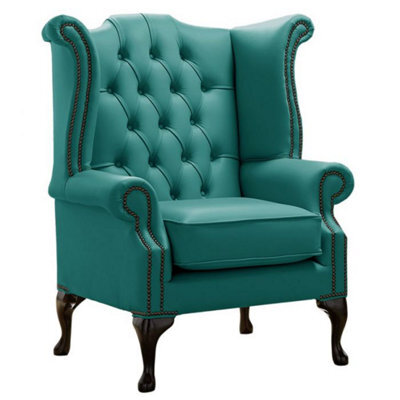 Chesterfield High Back Wing Chair Shelly Dark Teal Leather Bespoke In Queen Anne Style - image 1