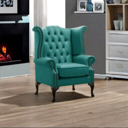 Chesterfield High Back Wing Chair Shelly Dark Teal Leather Bespoke In Queen Anne Style - thumbnail 2