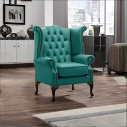 Chesterfield High Back Wing Chair Shelly Dark Teal Leather Bespoke In Queen Anne Style - thumbnail 3