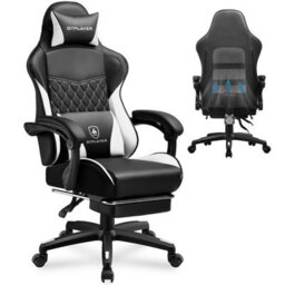 Luckracer Gaming Chair, Ergonomic Height Adjustable Leather Computer Gaming Chair With Footrest, Removable Cover, Black White