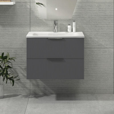 Royal Bathrooms Evora 700mm Graphite Grey Fluted Wall Hung Bathroom Vanity Unit 2 Drawer Cabinet Storage With Stone Basin Sink - 1 Tap Hole - image 1