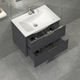 Royal Bathrooms Evora 700mm Graphite Grey Fluted Wall Hung Bathroom Vanity Unit 2 Drawer Cabinet Storage With Stone Basin Sink - 1 Tap Hole - thumbnail 3