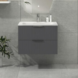 Royal Bathrooms Evora 700mm Graphite Grey Fluted Wall Hung Bathroom Vanity Unit 2 Drawer Cabinet Storage With Stone Basin Sink - 1 Tap Hole