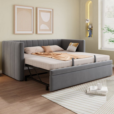 Merax 3Ft Daybed 90 X 190 Cm, Velvet Upholstered Sofa Bed With Pull Out Trundle And Soft Headboard, Grey - image 1
