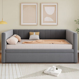 Merax 3Ft Daybed 90 X 190 Cm, Velvet Upholstered Sofa Bed With Pull Out Trundle And Soft Headboard, Grey - thumbnail 2
