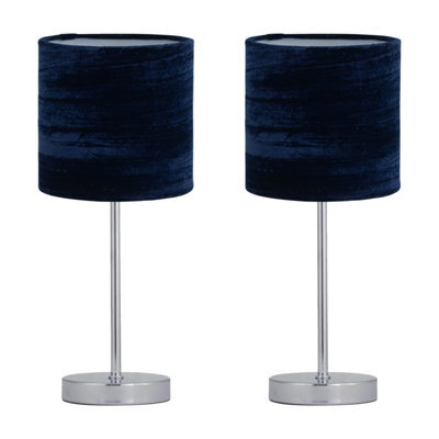 First Choice Lighting Set Of 2 Chrome Stick Table Lamps With Navy Blue Crushed Velvet Shades - image 1