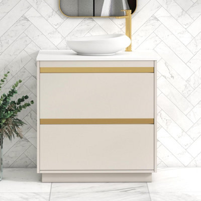 Royal Bathrooms Orion 800mm Warm Taupe Floor Standing Plain White Countertop Vanity Unit 2 Drawer With Nova Basin & Brushed Brass Accent Trim - image 1
