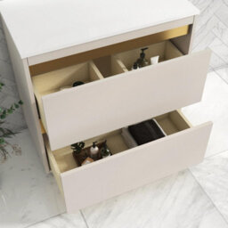 Royal Bathrooms Orion 800mm Warm Taupe Floor Standing Plain White Countertop Vanity Unit 2 Drawer With Nova Basin & Brushed Brass Accent Trim - thumbnail 4