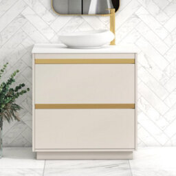 Royal Bathrooms Orion 800mm Warm Taupe Floor Standing Plain White Countertop Vanity Unit 2 Drawer With Nova Basin & Brushed Brass Accent Trim - thumbnail 1