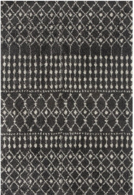 The Rugs Soft Moroccan Diamond Shaggy Rugs And Runners High Pile Dark Grey And Ivory Living Room Kitchen Hallway 1040 - image 1