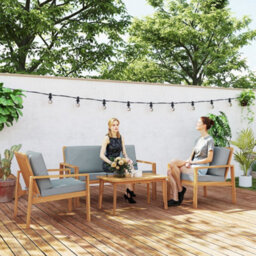 Outsunny 4 Pieces Wooden Garden Furniture Set With Cushions, Teak - thumbnail 1