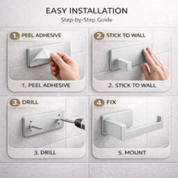 Billtix Silver Stainless Steel Toilet Roll Holder Wall Mounted, Self Adhesive Toilet Paper Holder, Stick On Tissue Holder - thumbnail 5