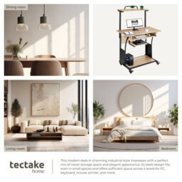 Tectake Desk Fife - 3 Levels, Attachable Shelf And Keyboard Tray, 4 Castors 65 Cm - Industrial Wood Light, Oak Sonoma - thumbnail 5