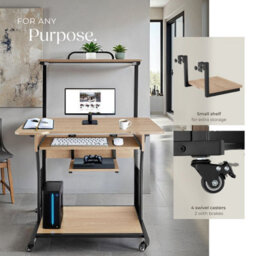 Tectake Desk Fife - 3 Levels, Attachable Shelf And Keyboard Tray, 4 Castors 65 Cm - Industrial Wood Light, Oak Sonoma - thumbnail 4