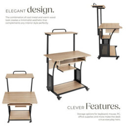 Tectake Desk Fife - 3 Levels, Attachable Shelf And Keyboard Tray, 4 Castors 65 Cm - Industrial Wood Light, Oak Sonoma - thumbnail 3